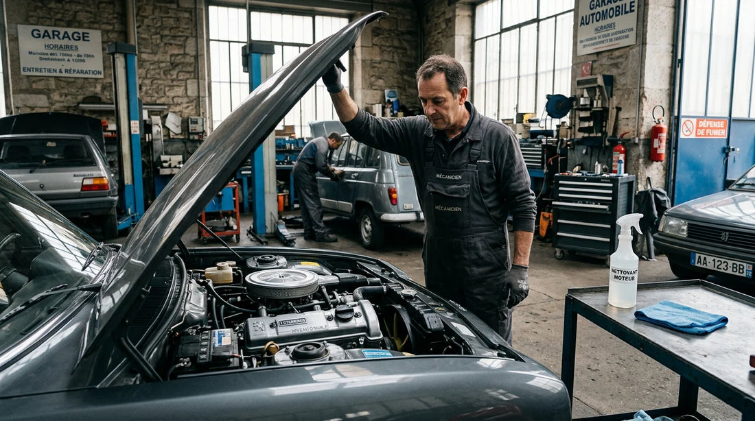 Personne nettoyant le compartiment moteur d'une voiture avec un produit dégraissant