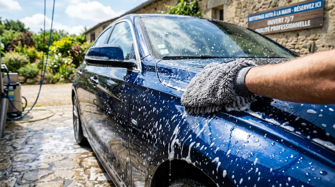 Lavage d'une voiture propre et brillante avec mousse et gant microfibre