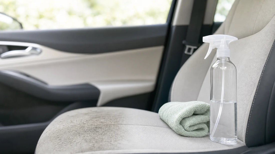Nettoyant multi-surfaces et microfibre sur une surface automobile