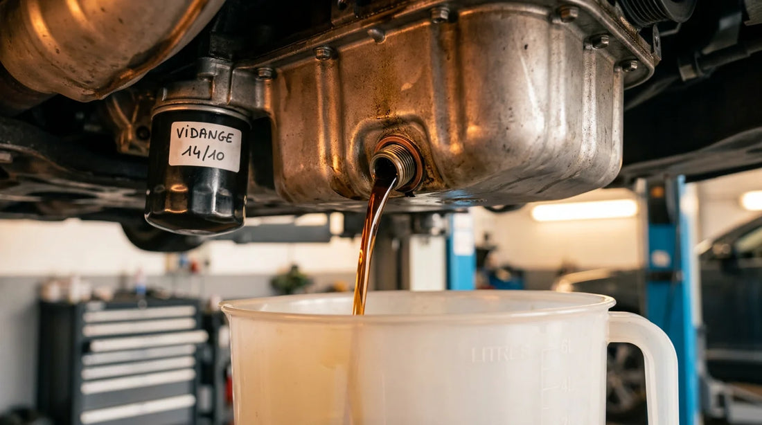 Additif nettoyant avant vidange posé près d'un moteur en atelier