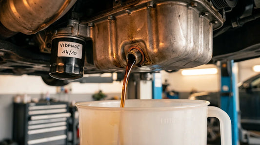 Additif nettoyant avant vidange posé près d'un moteur en atelier