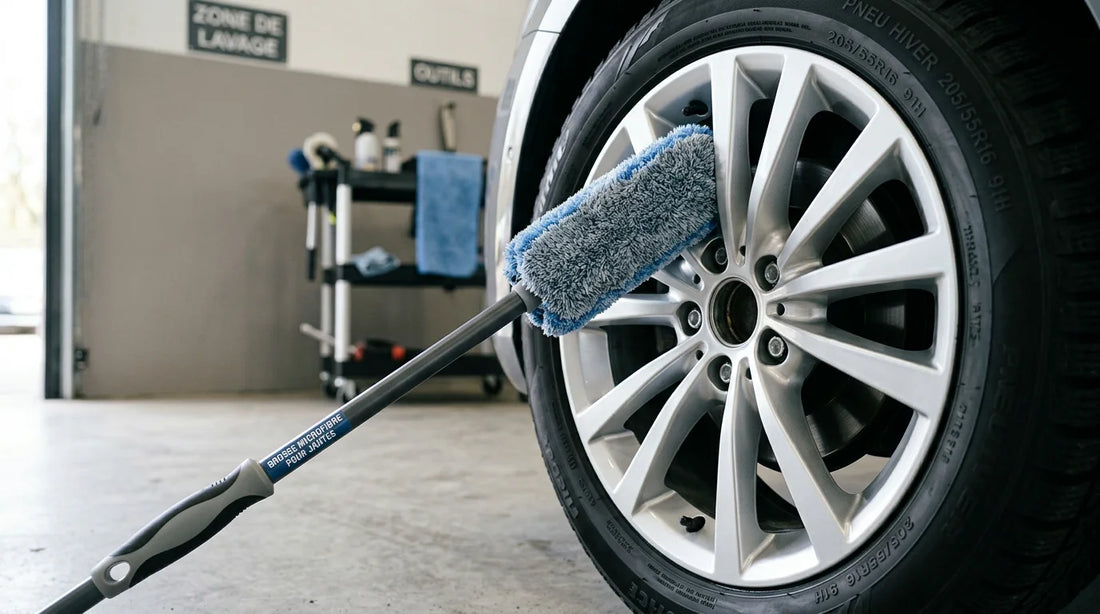 Brosse à jantes en microfibre posée contre une jante en aluminium propre