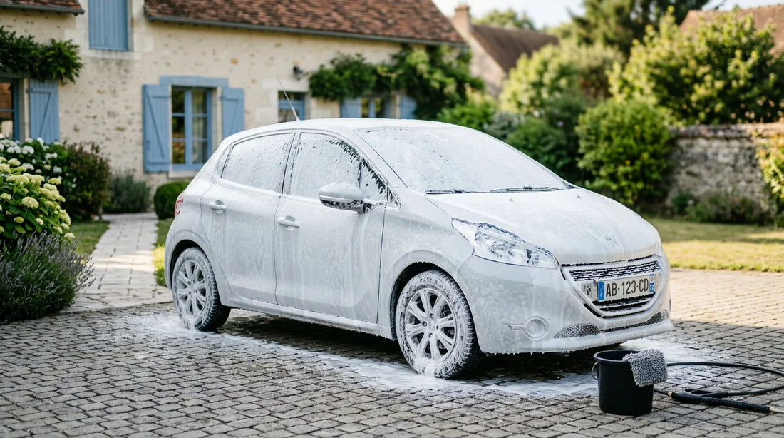 Voiture entièrement couverte de mousse active blanche lors d'un prélavage ensoleillé