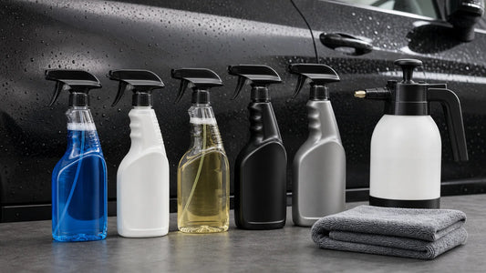 Ensemble de produits professionnels de nettoyage automobile près d'une carrosserie brillante