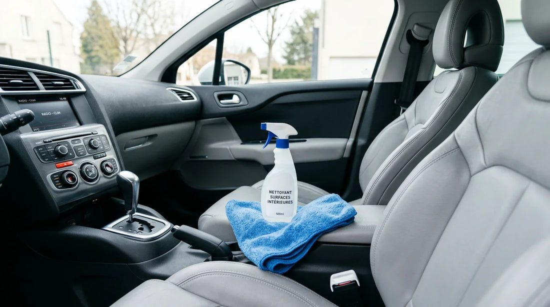 Intérieur de voiture propre avec flacon de nettoyant et microfibre