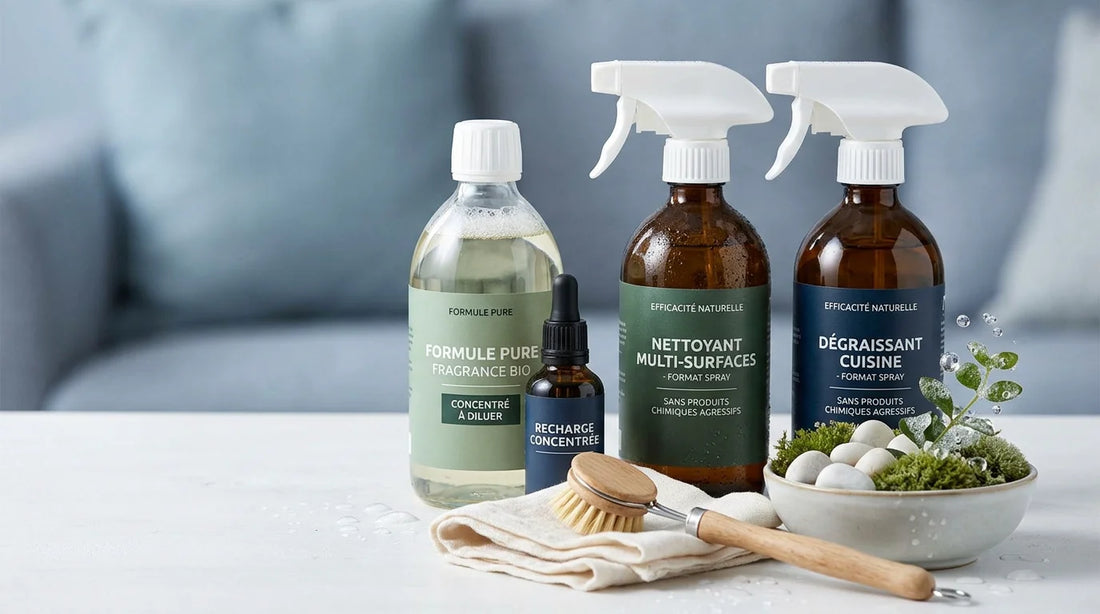 Gamme de produits d'entretien professionnels concentrés sur fond épuré