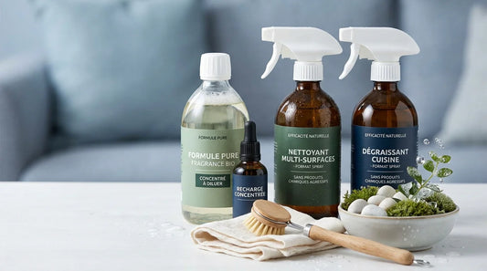 Gamme de produits d'entretien professionnels concentrés sur fond épuré