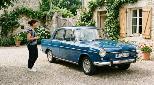 Voiture rénovée à la carrosserie brillante devant une maison