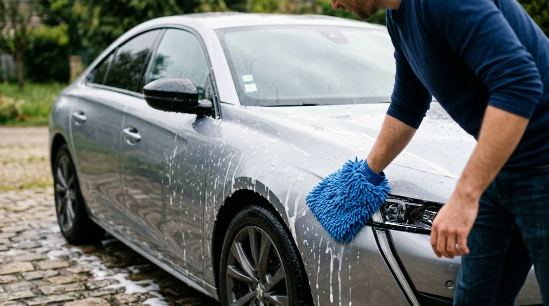Lavage extérieur d'une voiture propre avec mousse et gant microfibre