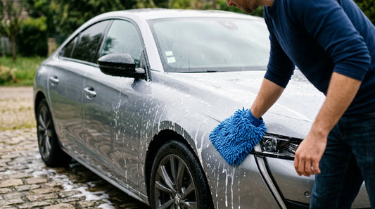 Lavage extérieur d'une voiture propre avec mousse et gant microfibre