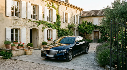 Voiture brillante garée devant une maison française à la lumière dorée