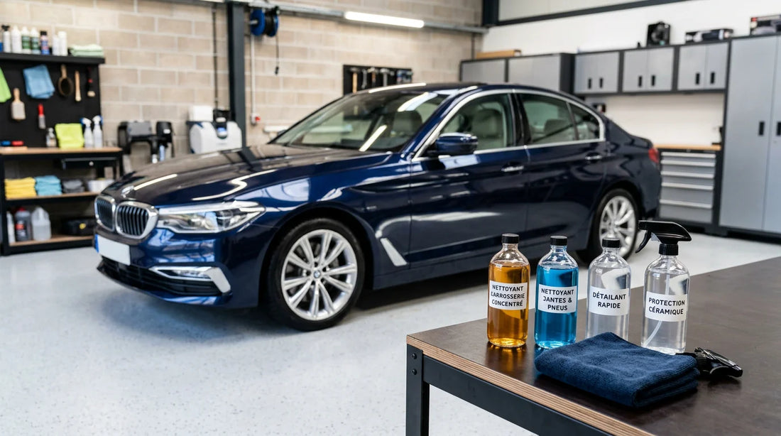 Voiture propre et brillante dans un atelier avec produits de nettoyage professionnels