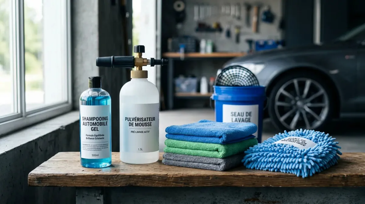 Différents produits de lavage voiture disposés sur un plan de travail