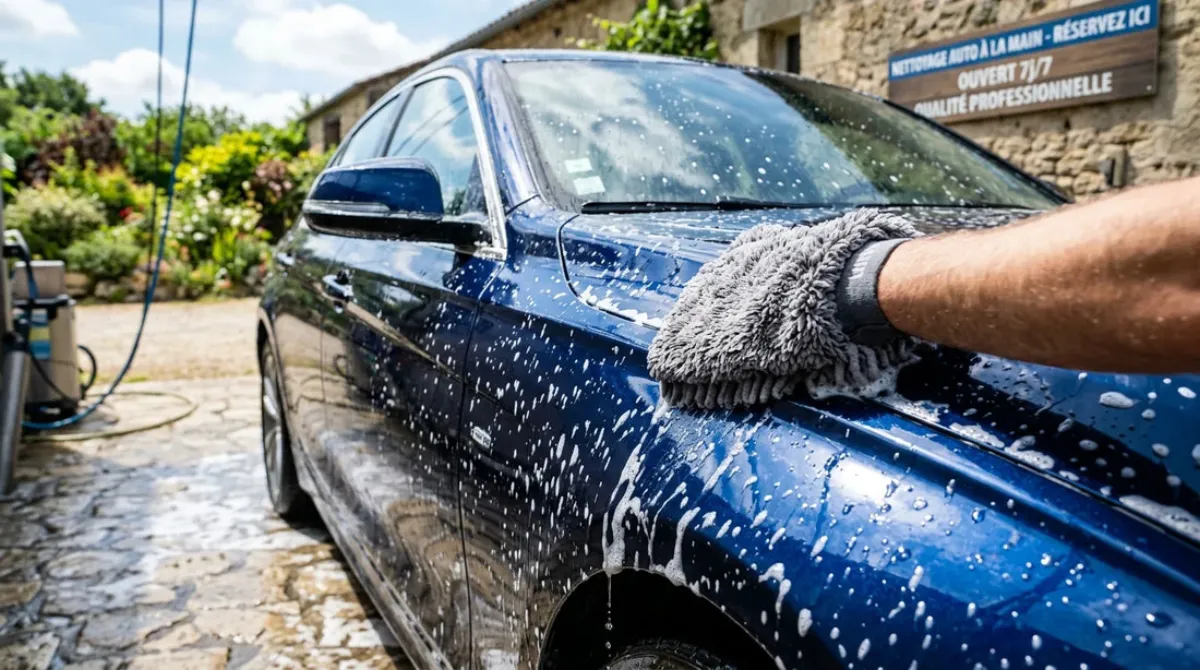 Lavage d'une voiture propre et brillante avec mousse et gant microfibre